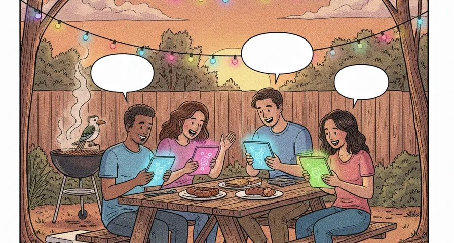 Comic illustration of friends playing social games together